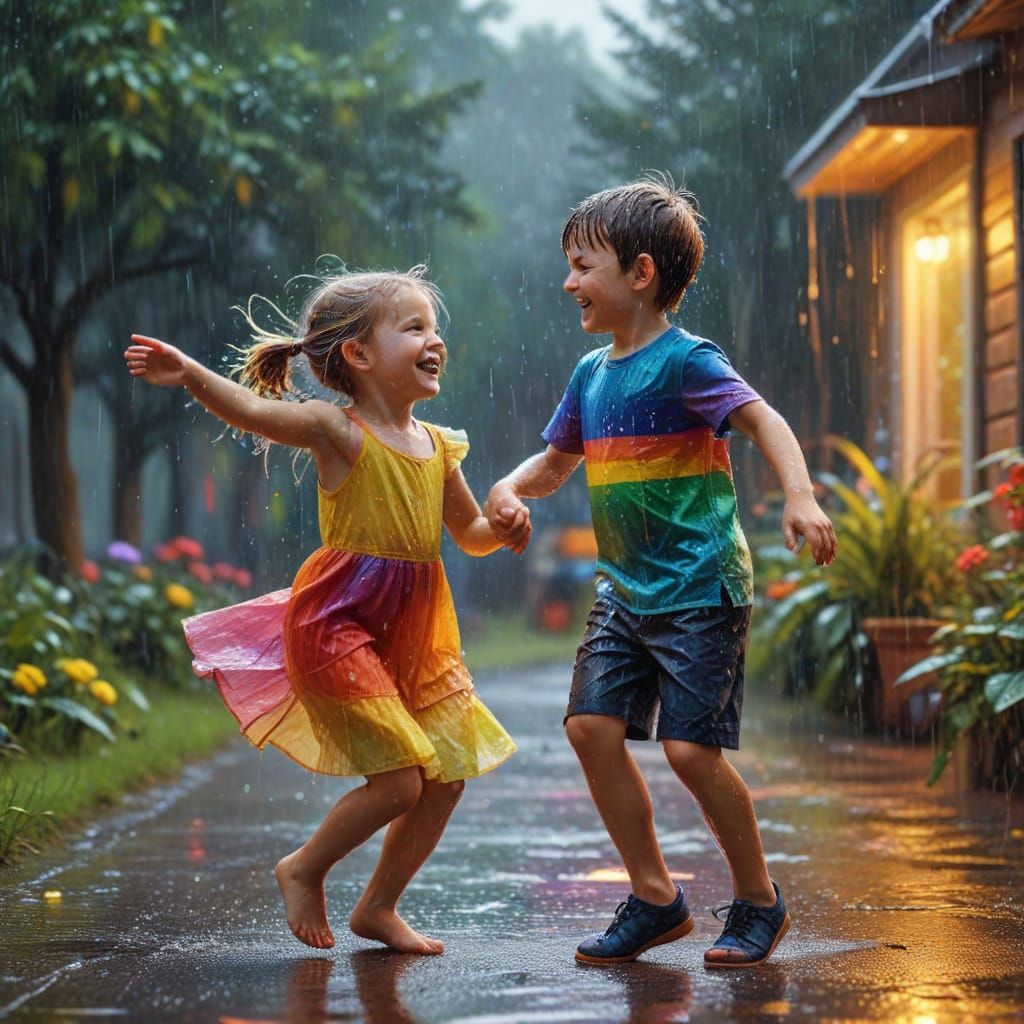 Children Dancing in Summer Rain: Whimsical Digital Art