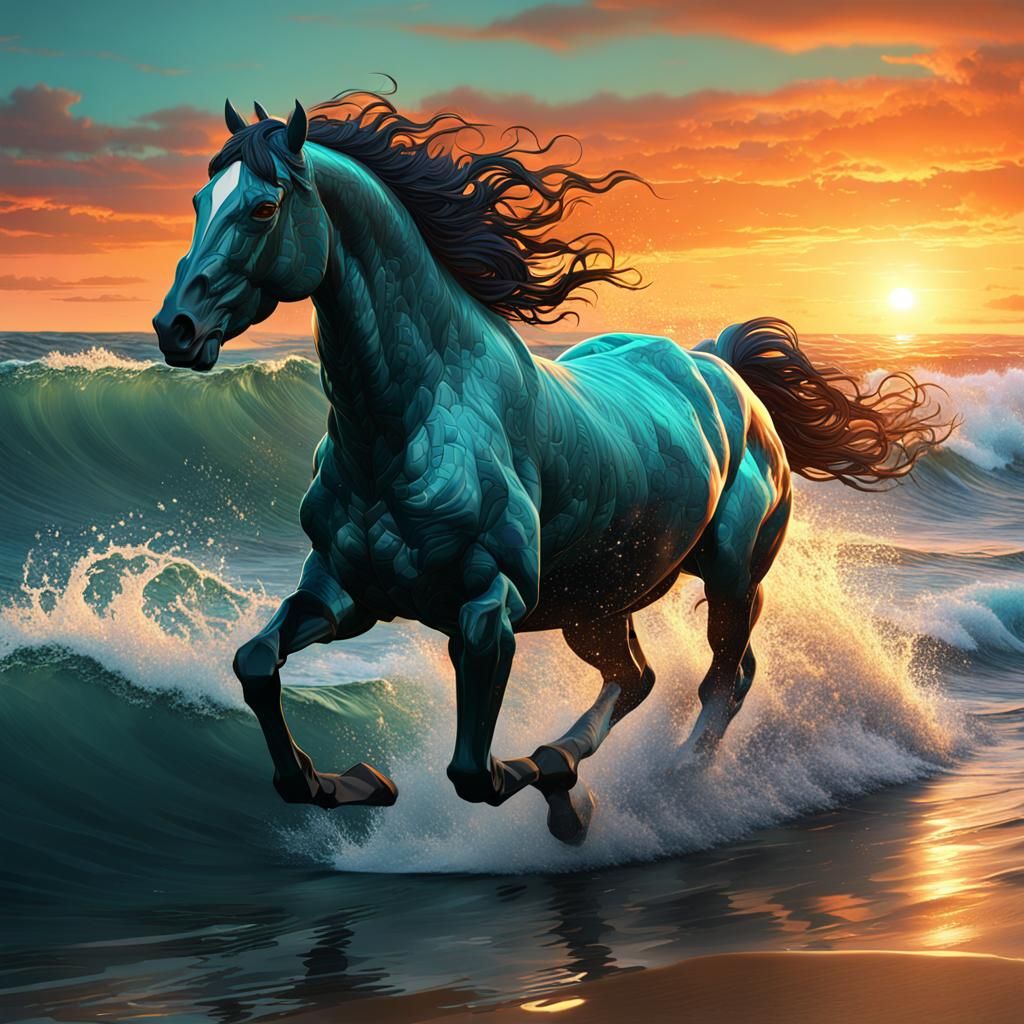 Horse Galloping Through Waves at Sunset