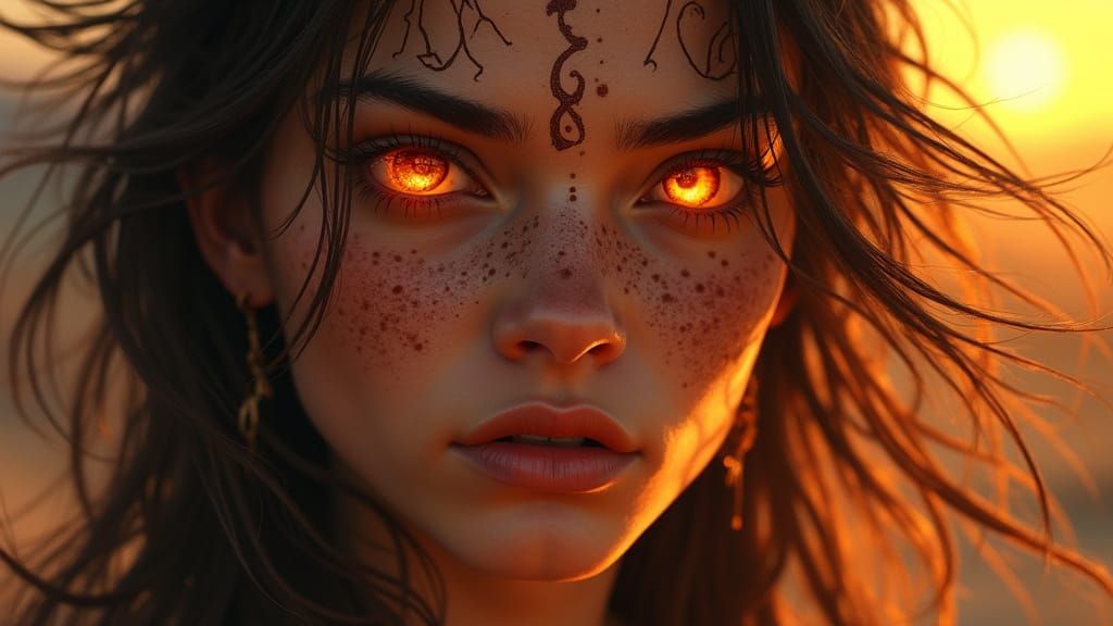 Fantasy Seer with Runic Script and Magma-Orange Eyes