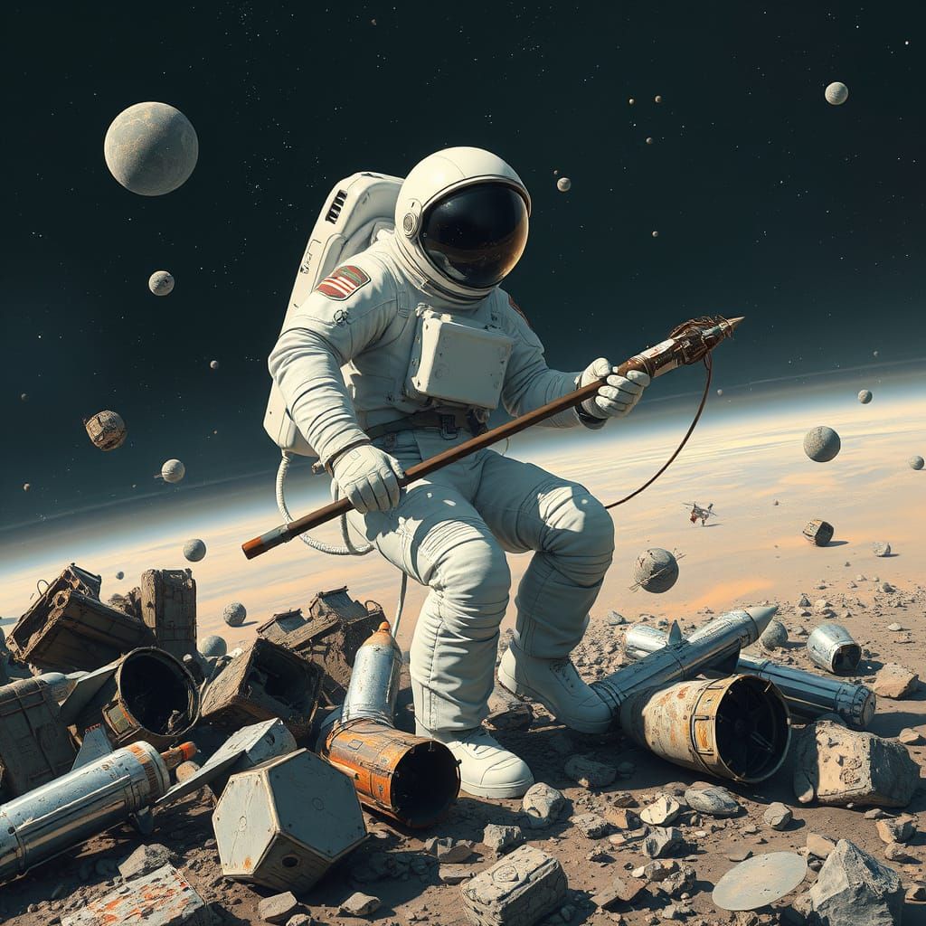 Sleek Astronaut Collects Space Debris in Futuristic Landscap...