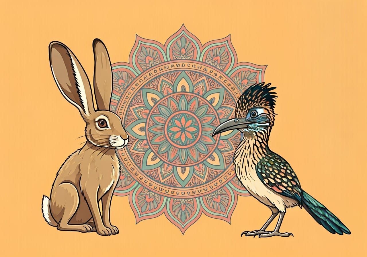 Vibrant Southwestern Mandala Surrounded by Desert Hare and R...