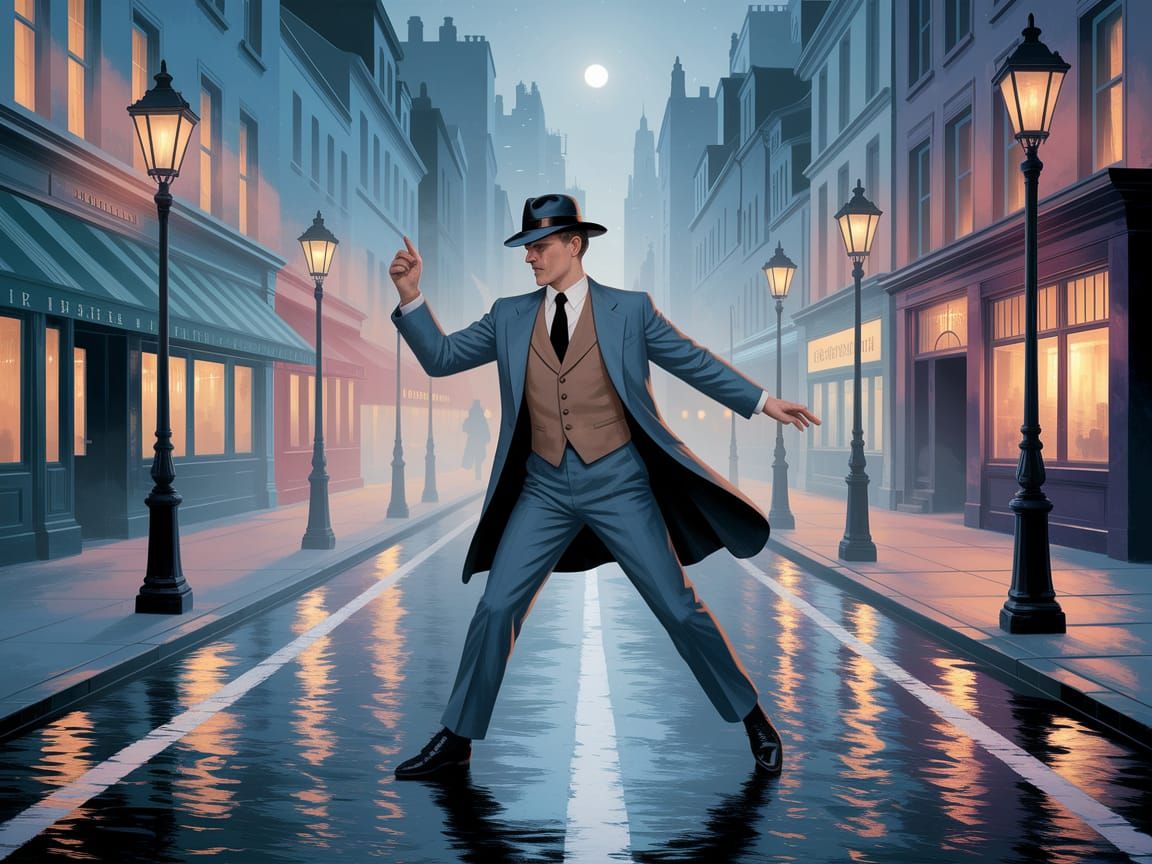 Detective Dancing in Misty Street, Art Nouveau Style