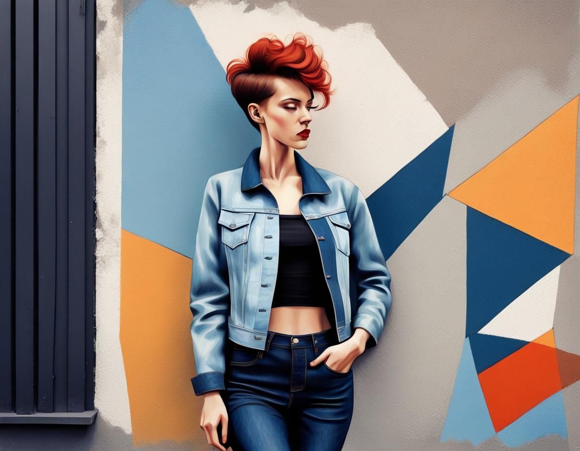 Woman in Rockabilly Dress: Abstract Cubism Art