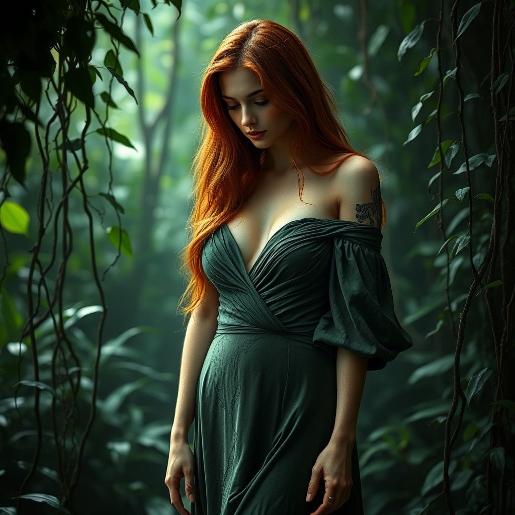 Ginger Woman in Jungle, Atmospheric Digital Art