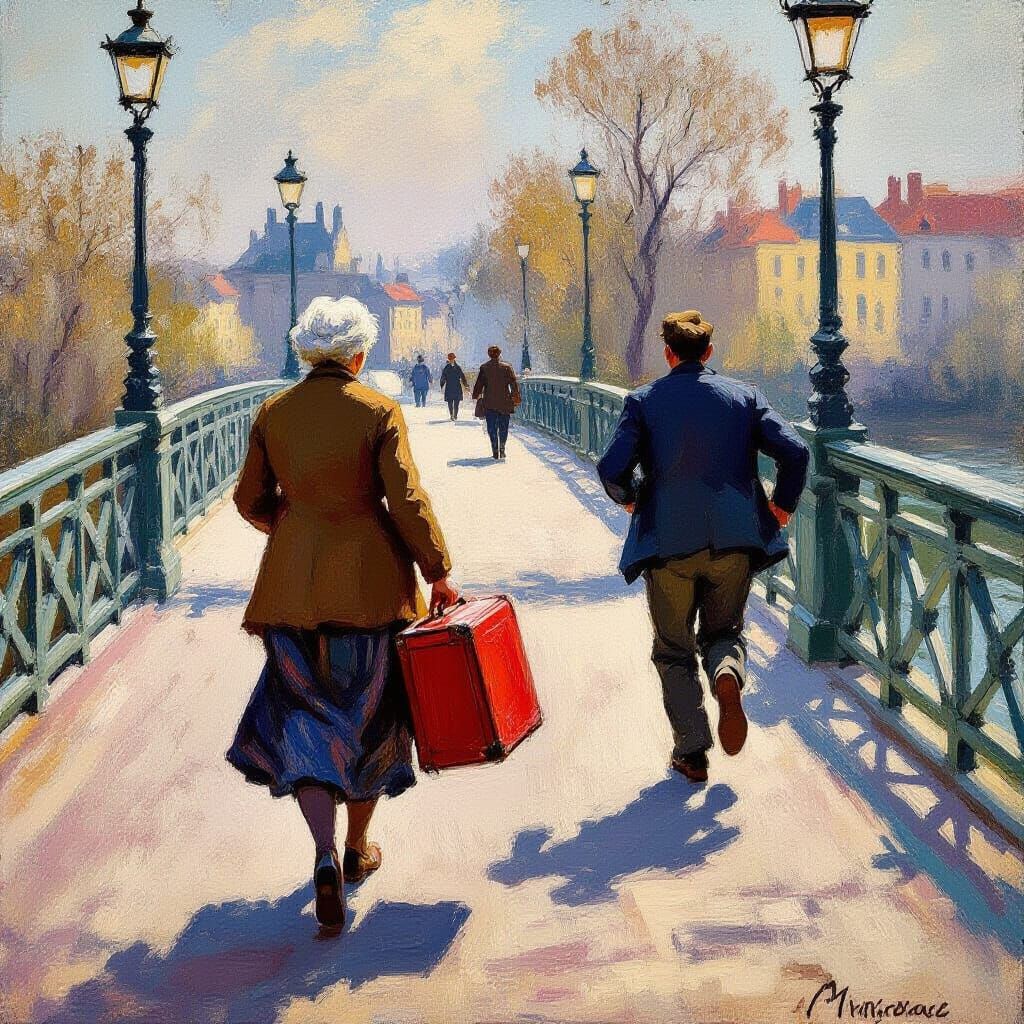 Impressionist Painting: Woman with Suitcase on Bridge