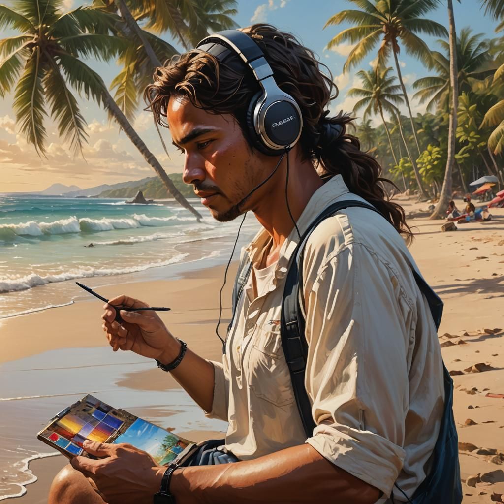 Hyperrealistic Oil Painting of Beach Artist