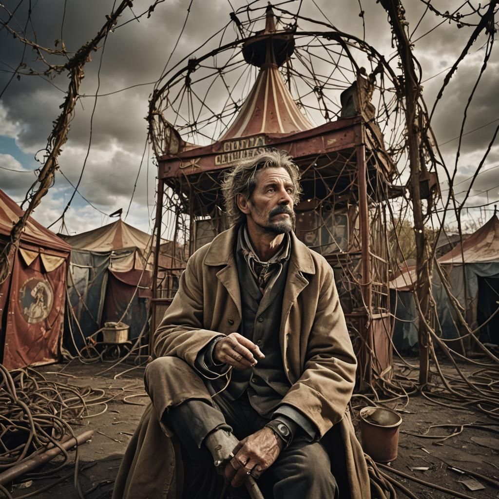 Homeless Person in Abandoned Circus: Cinematic HDR Portrait
