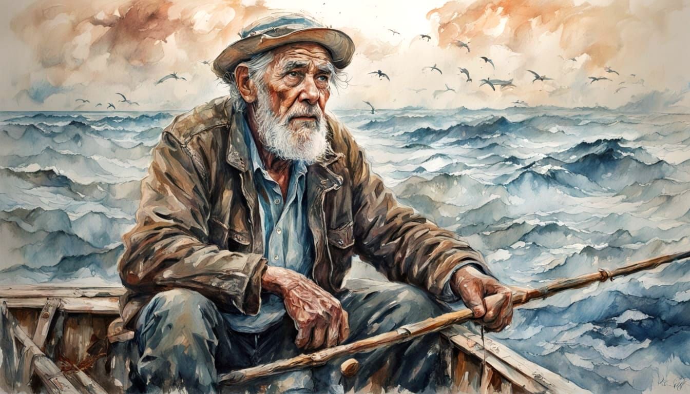 Old Man's Struggle: Marlin at Sea in Watercolor Style