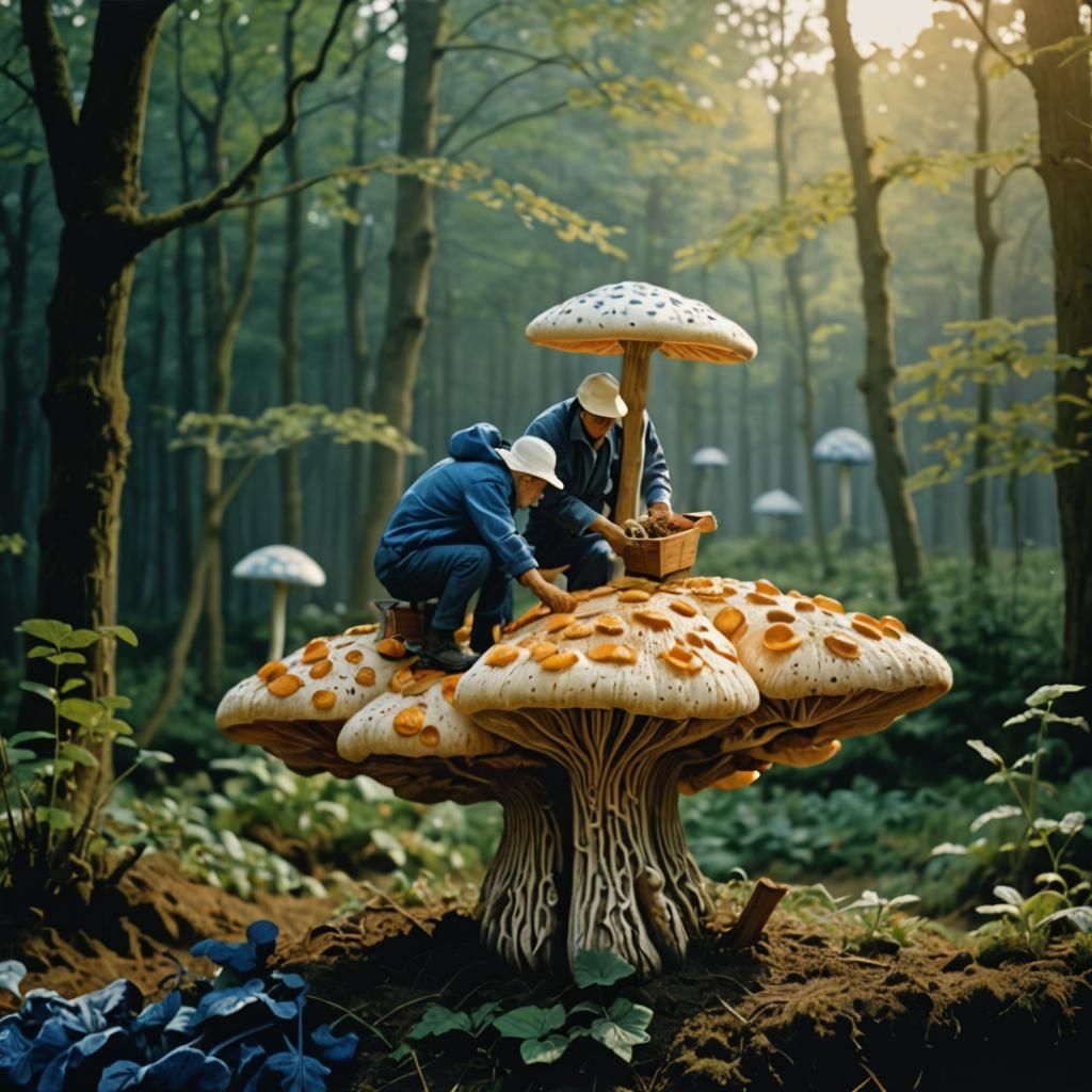 Italian Activists Tend Huge Mushrooms: Blue Linocut