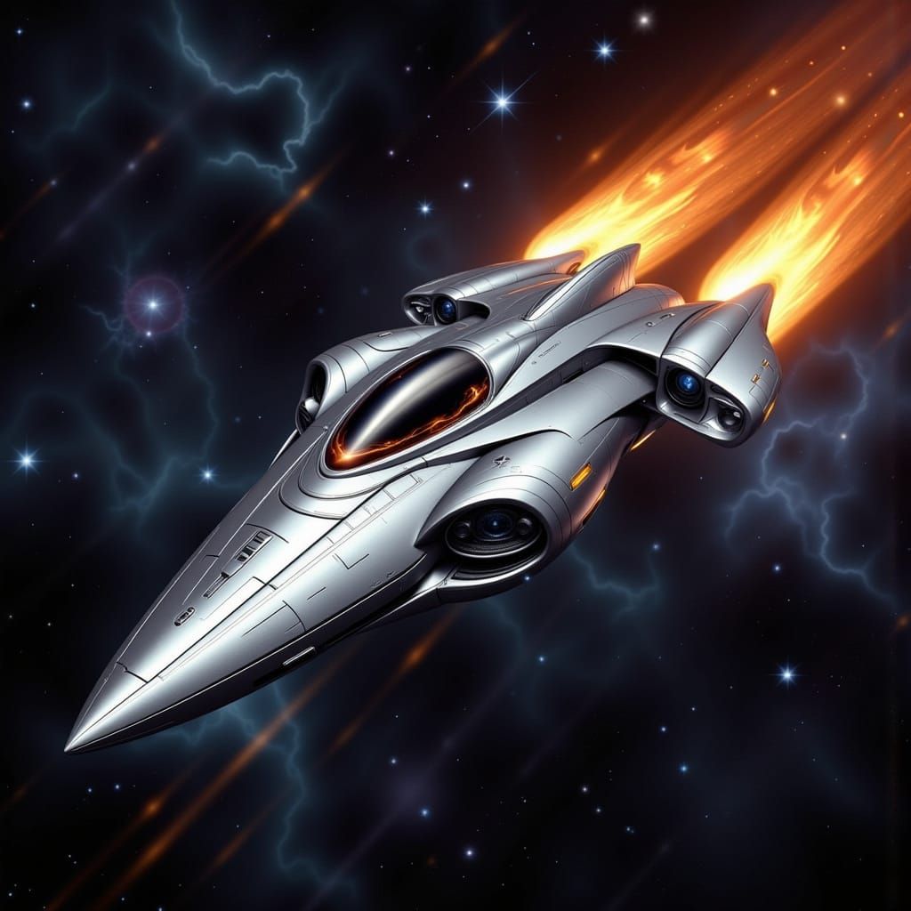A beautiful starship sleek glistening metals fire escaping from the rear engines a huge nebula packed with stars surroun...