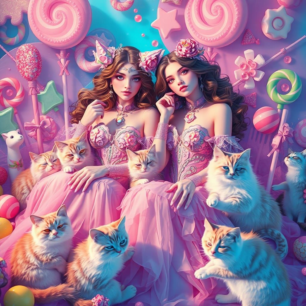 Ethereal Women with Cats in Candyland, Digital Illustration