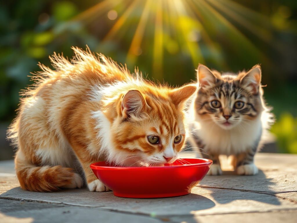 Whimsical Feline Feast in Warm Sunlight