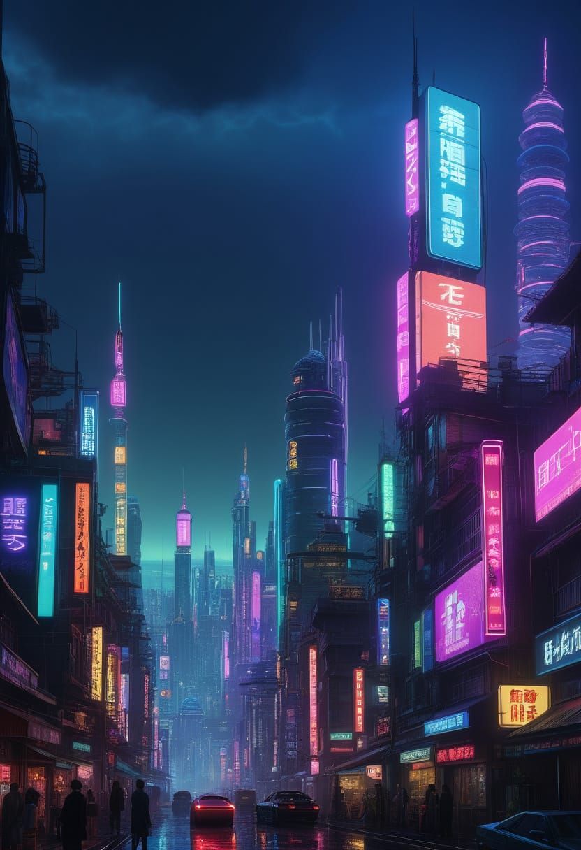 Cyberpunk Cityscape at Night with Neon Lights