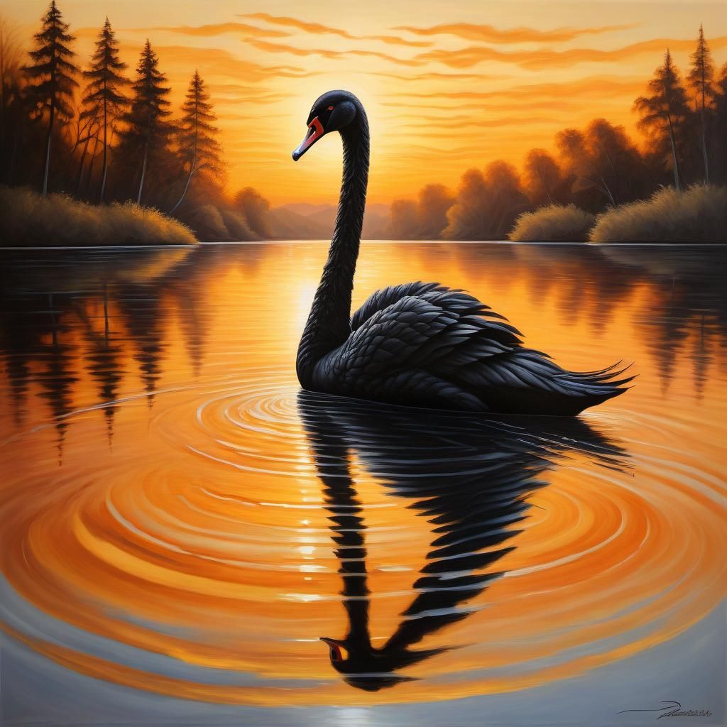 Elegant Black Swan Silhouette at Sunset: Oil Painting