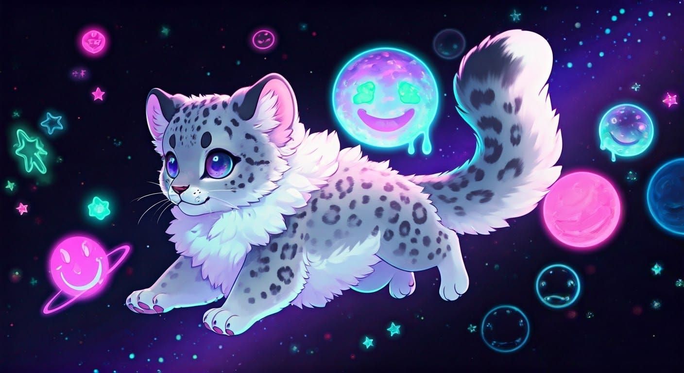 Kawaii Snow Leopard Jumps Through Neon Outer Space