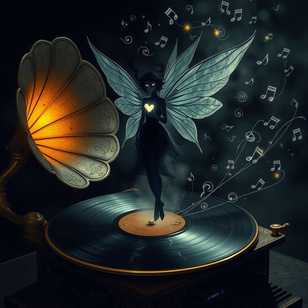 Dark Fairy Rises from Vinyl Record in Gothic Romanticism
