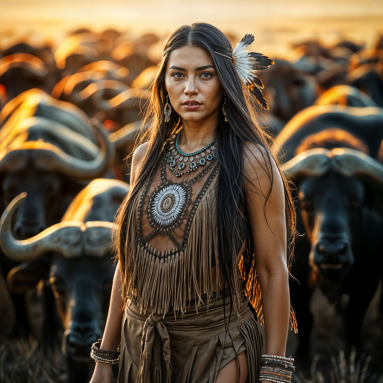 Native American woman in front of a herd of buffaloes