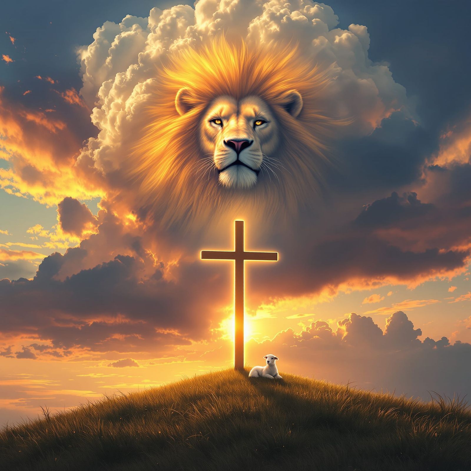 Christian Cross Sunrise with Lion Clouds and Lamb