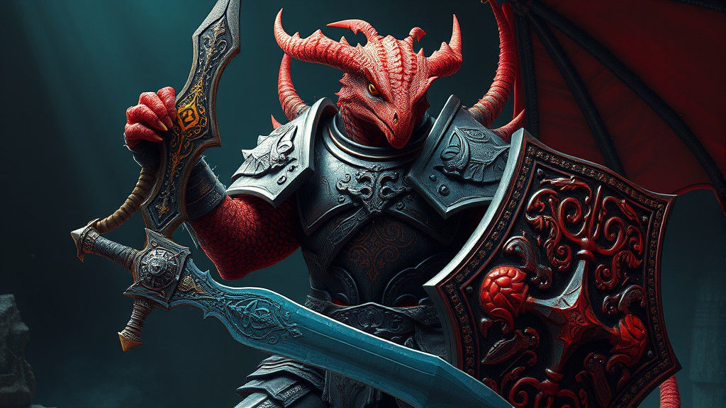 Armored Red Creature in Epic Battle Stance