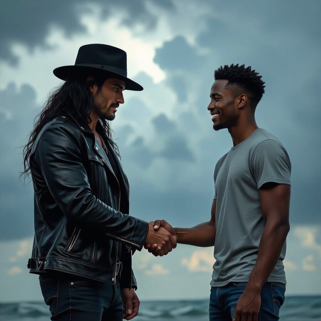 Dramatic Handshake Under Stormy Sky in Doré Style