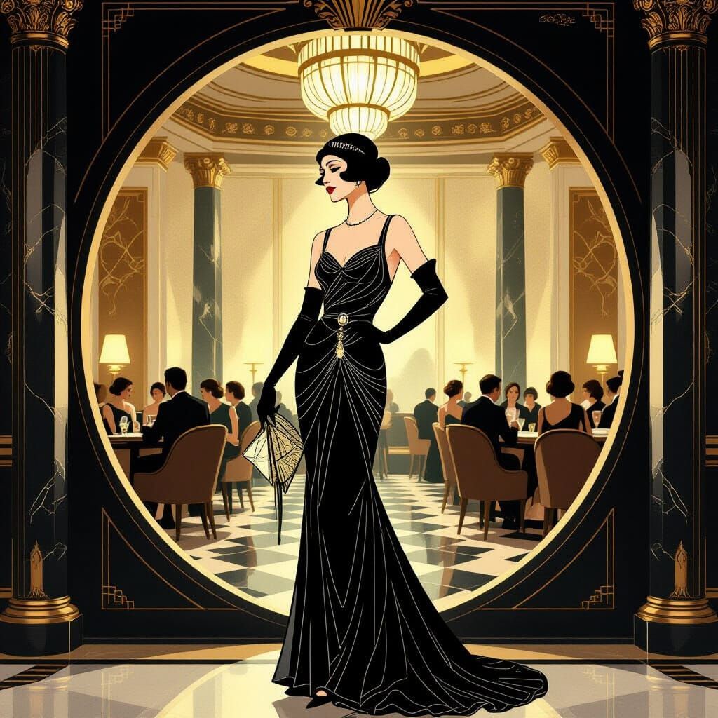 Elegant Lady in 1900s High-Class Club, Art Deco Masterpiece