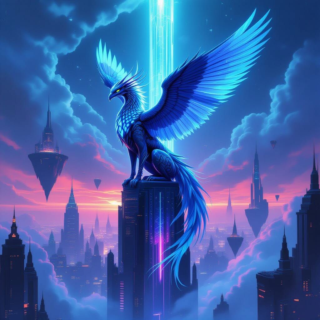 Cyberpunk Hybrid Creature on Crystalline Spire