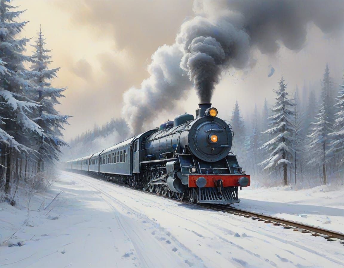Vintage Steam Train in Serene Winter Landscape