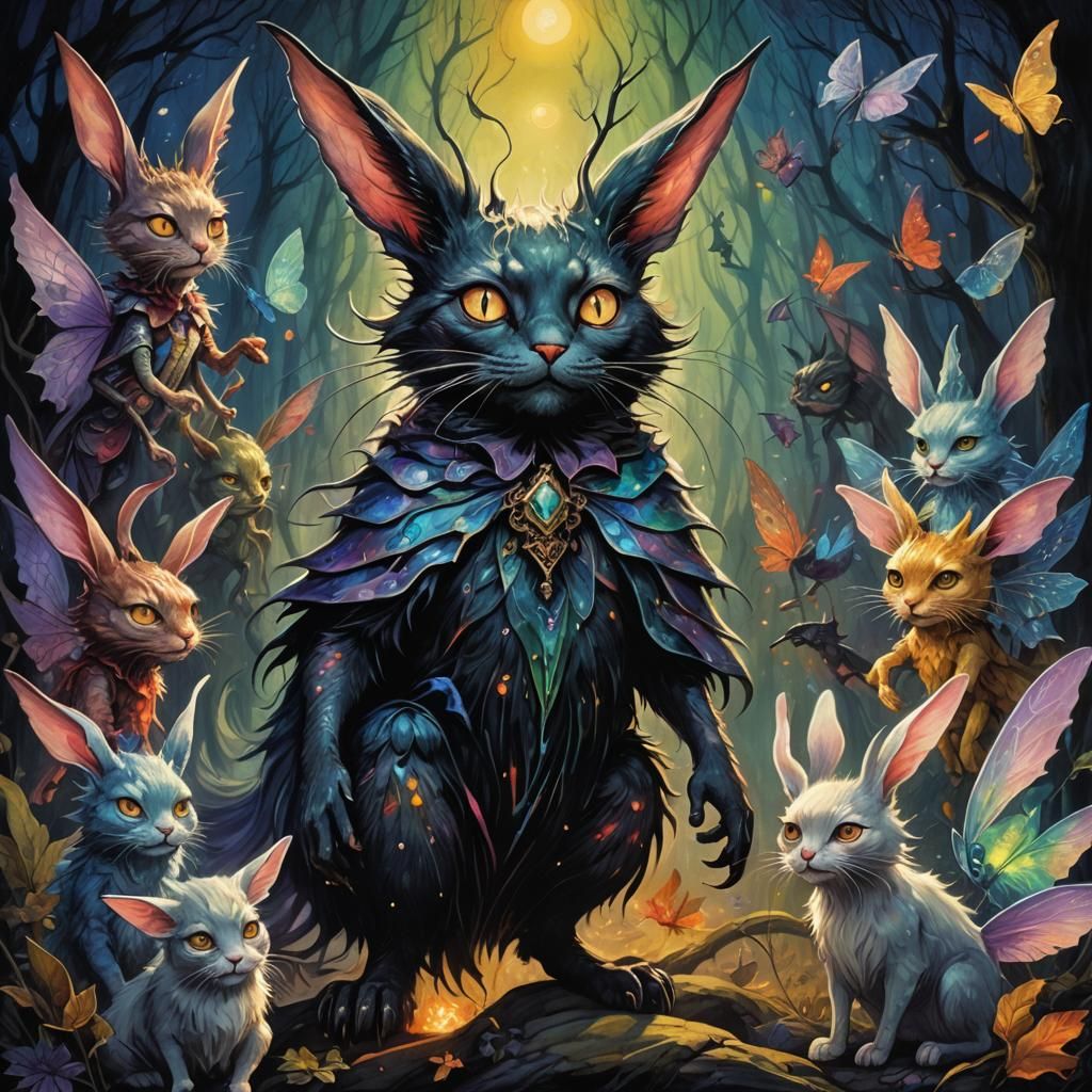 Colorful, Dark creature of the dusk, cat like fairy rabbit f...