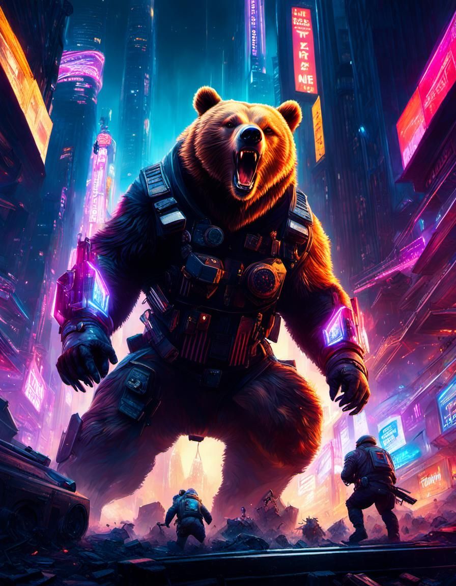 Aggressive Cyberpunk Bear Pouncing in Explosions