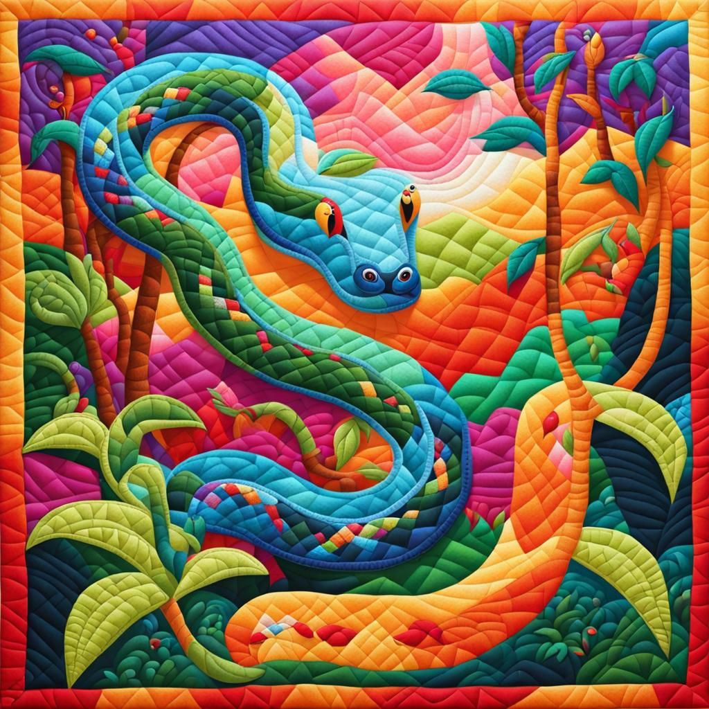 Stylized Quilted Snake in a Dreamy Rainforest