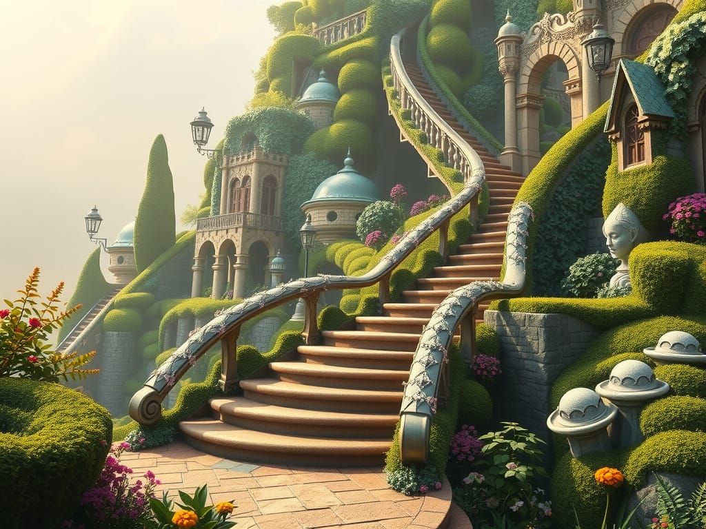 Hyperrealistic Storybook Gardens Connected by Stairs