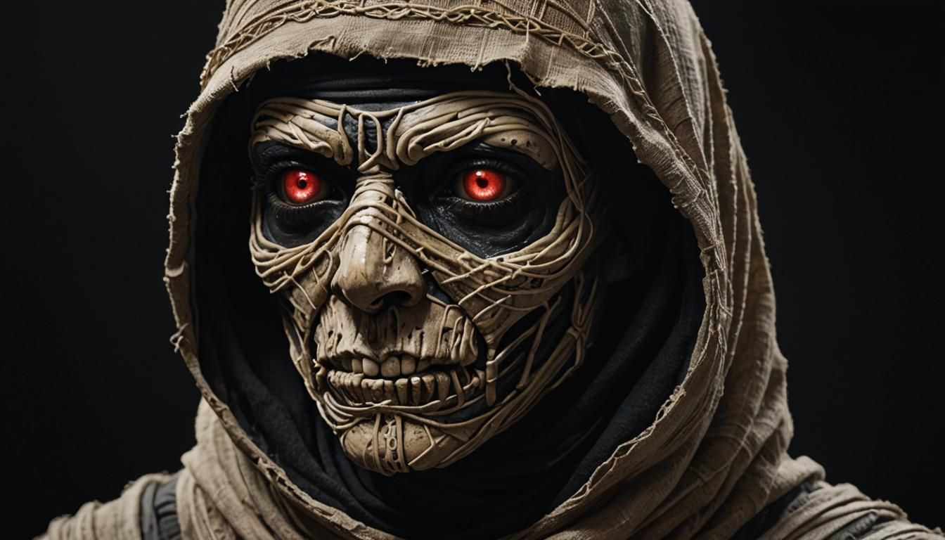 Close-up image of a mummy's face with its head wrapped in ba...