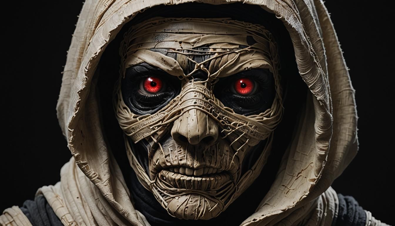 Close-up image of a mummy's face with its head wrapped in ba...