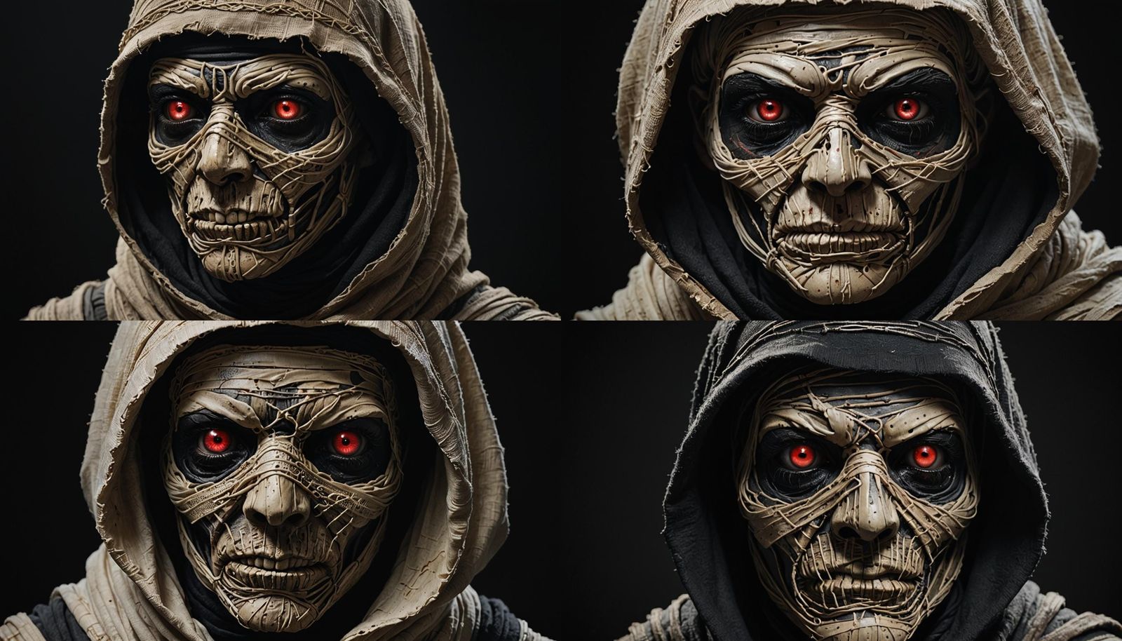 Close-up image of a mummy's face with its head wrapped in ba...