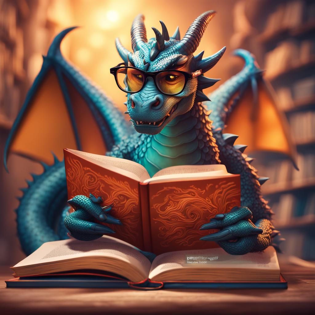 Dragon Reading Book: Hyperrealistic Concept Art