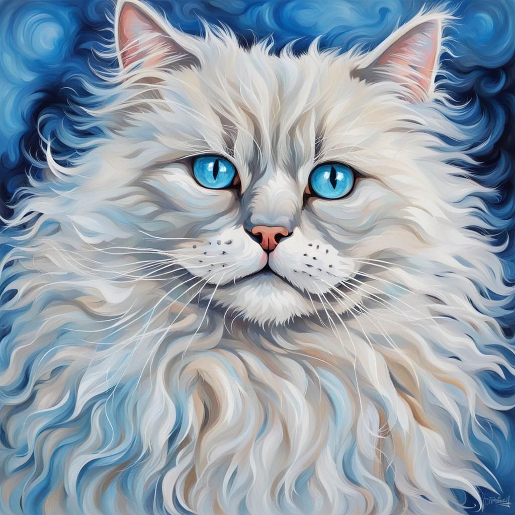 Fluffy Blue-Eyed Cat with Funny Expression in Abstract Art