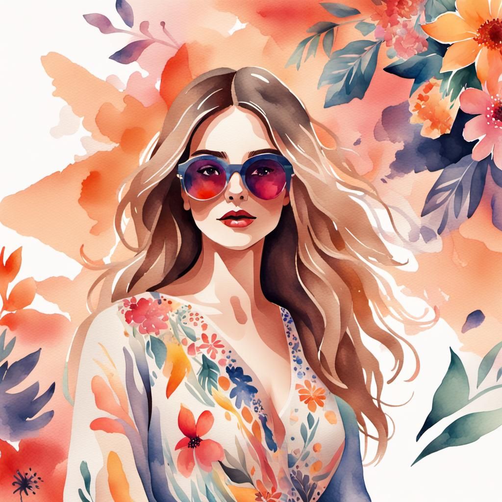 Boho Woman in Watercolor Floral Portrait