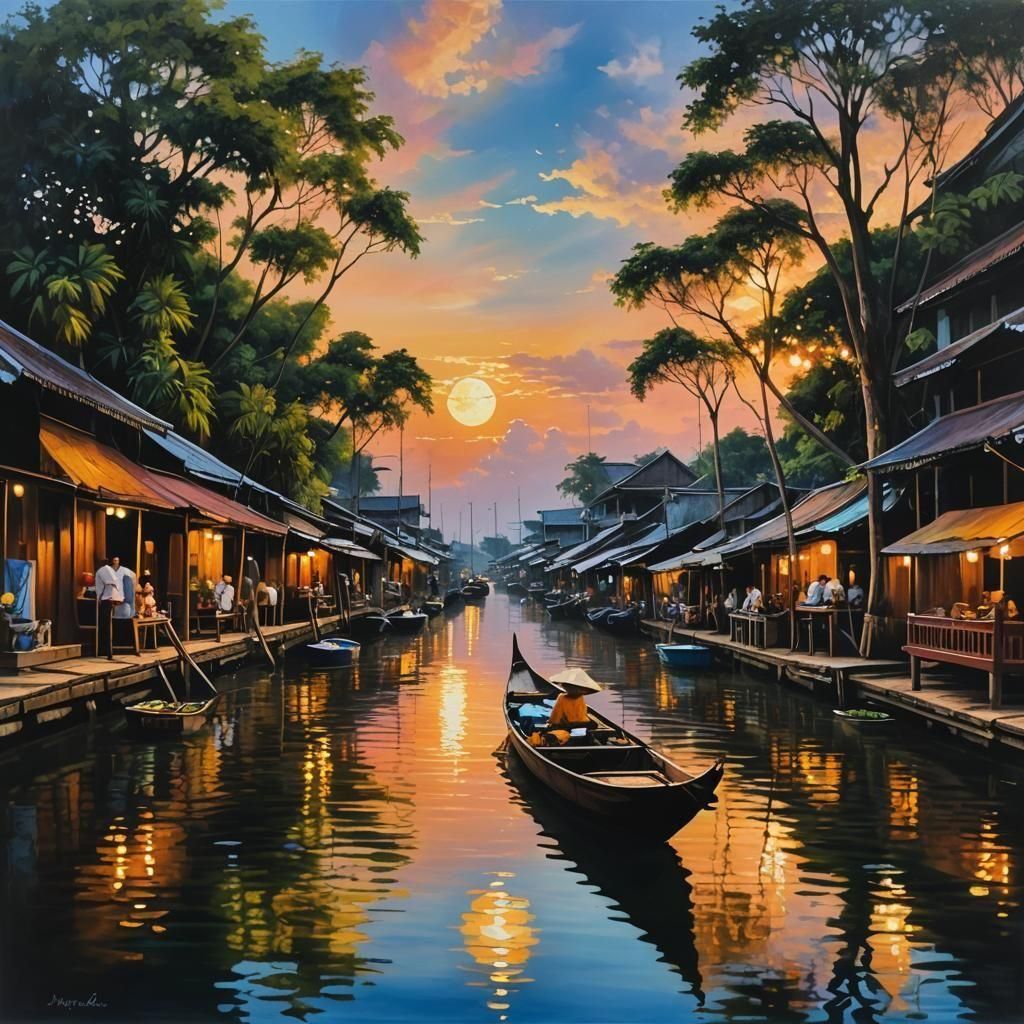 Thailand Floating Market Under Golden Moon: Acrylic Painting