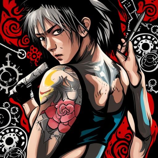 Steampunk Tattooed Gangster Girl in Japanese Art Style