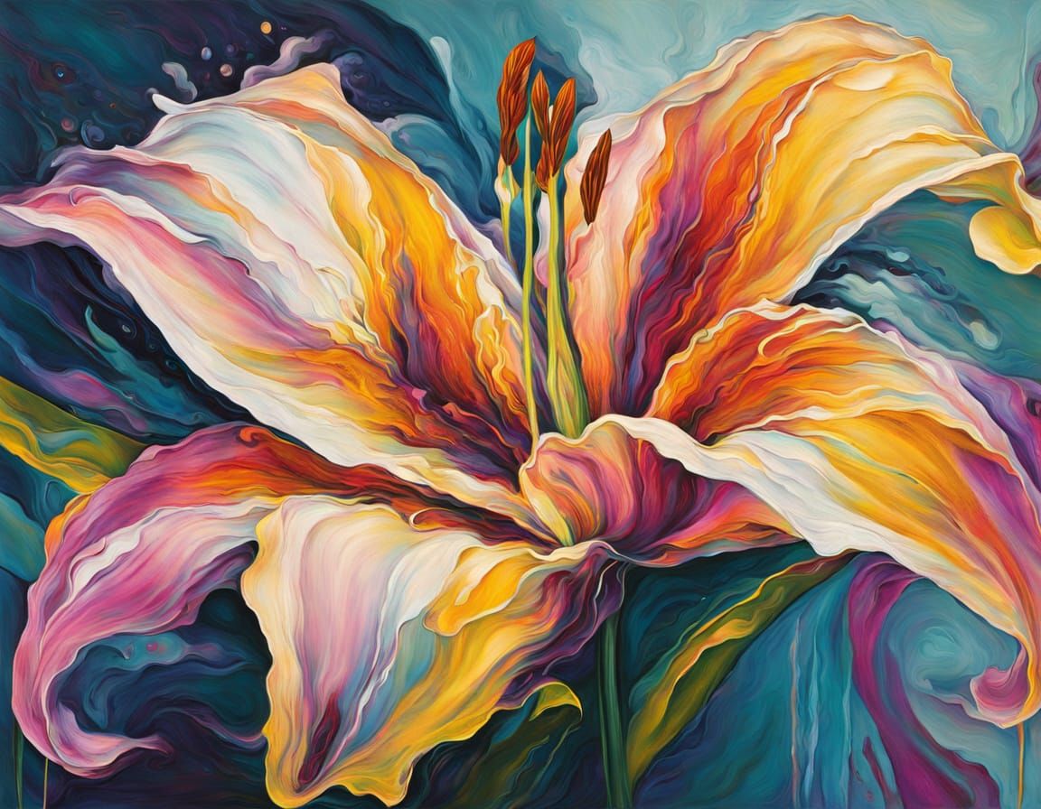 Abstract Lily Flower with Fluid Metallic Highlights