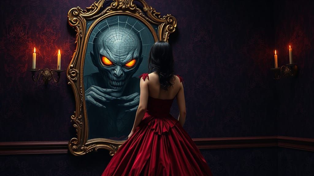 Surreal Woman Confronts Dark Reflection in Ornate, Spiderweb...