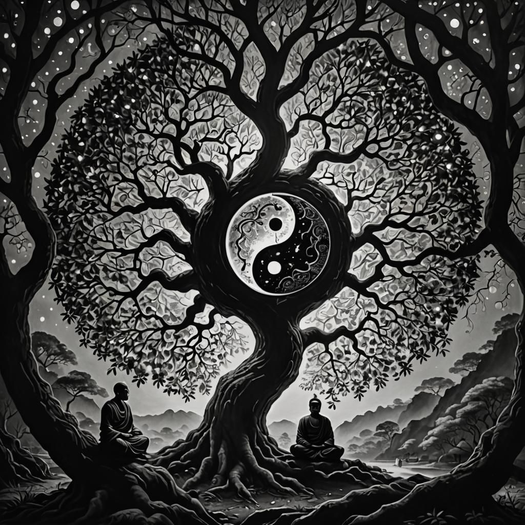 Siddhartha Gautama Under Bodhi Tree in B&W Oil Painting