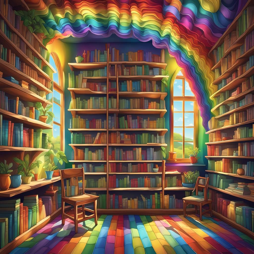 “Rainbow Bookshelf in a Cozy Room”