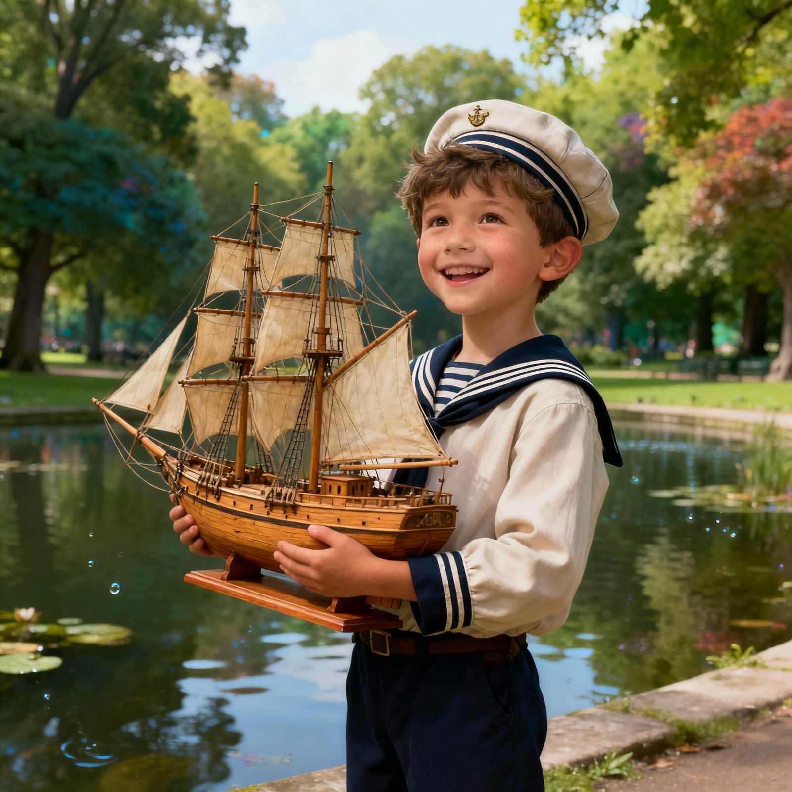 Boy with Toy Ship in Park, Matte Painting Style