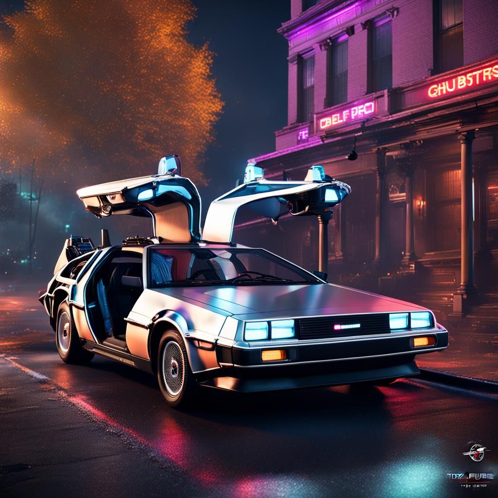 DeLorean with Ghostbusters Logo in Neon Colors