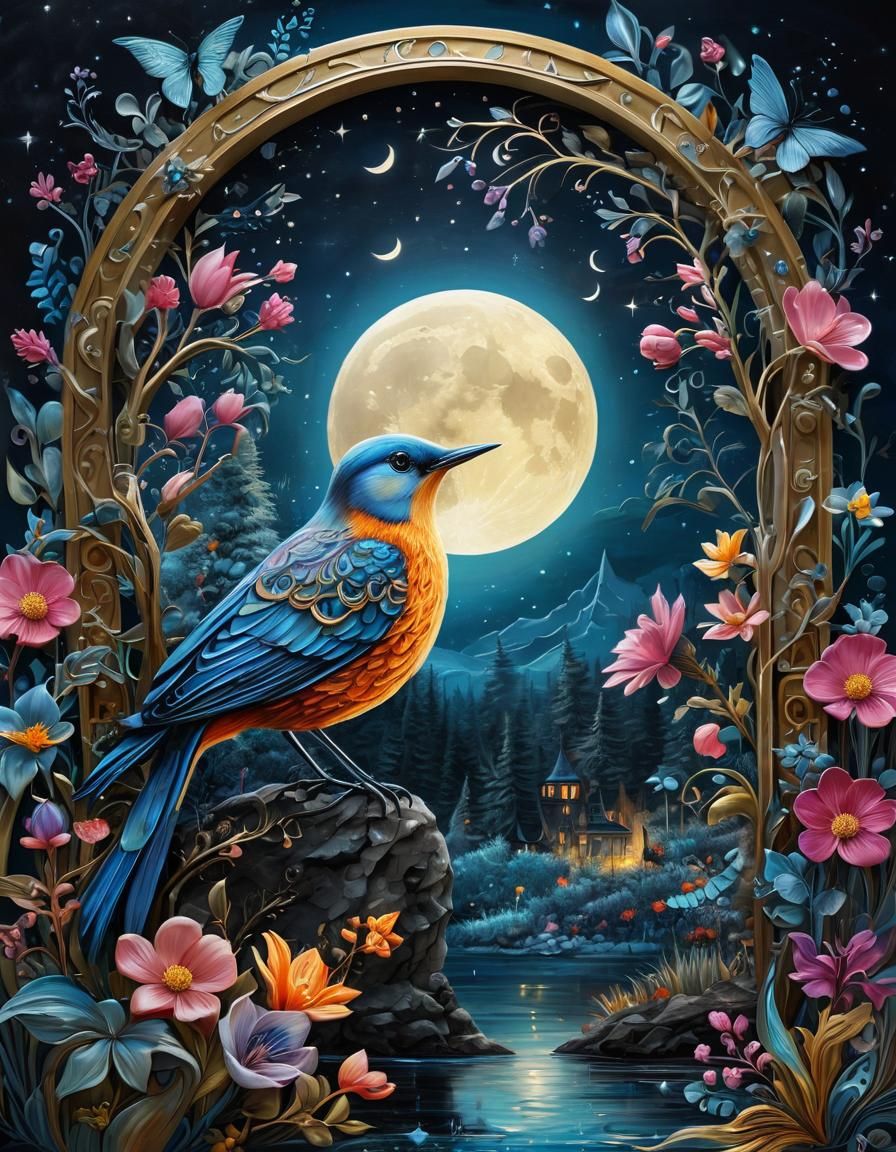 Mystical Moonlit Bird: Blended Painting Styles