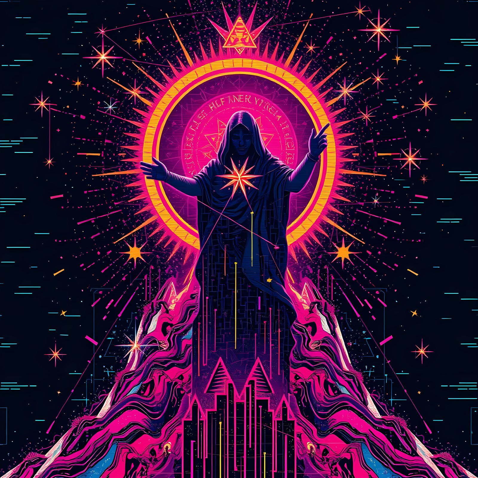 Maximalist Indigo Glitch Art with Constellations