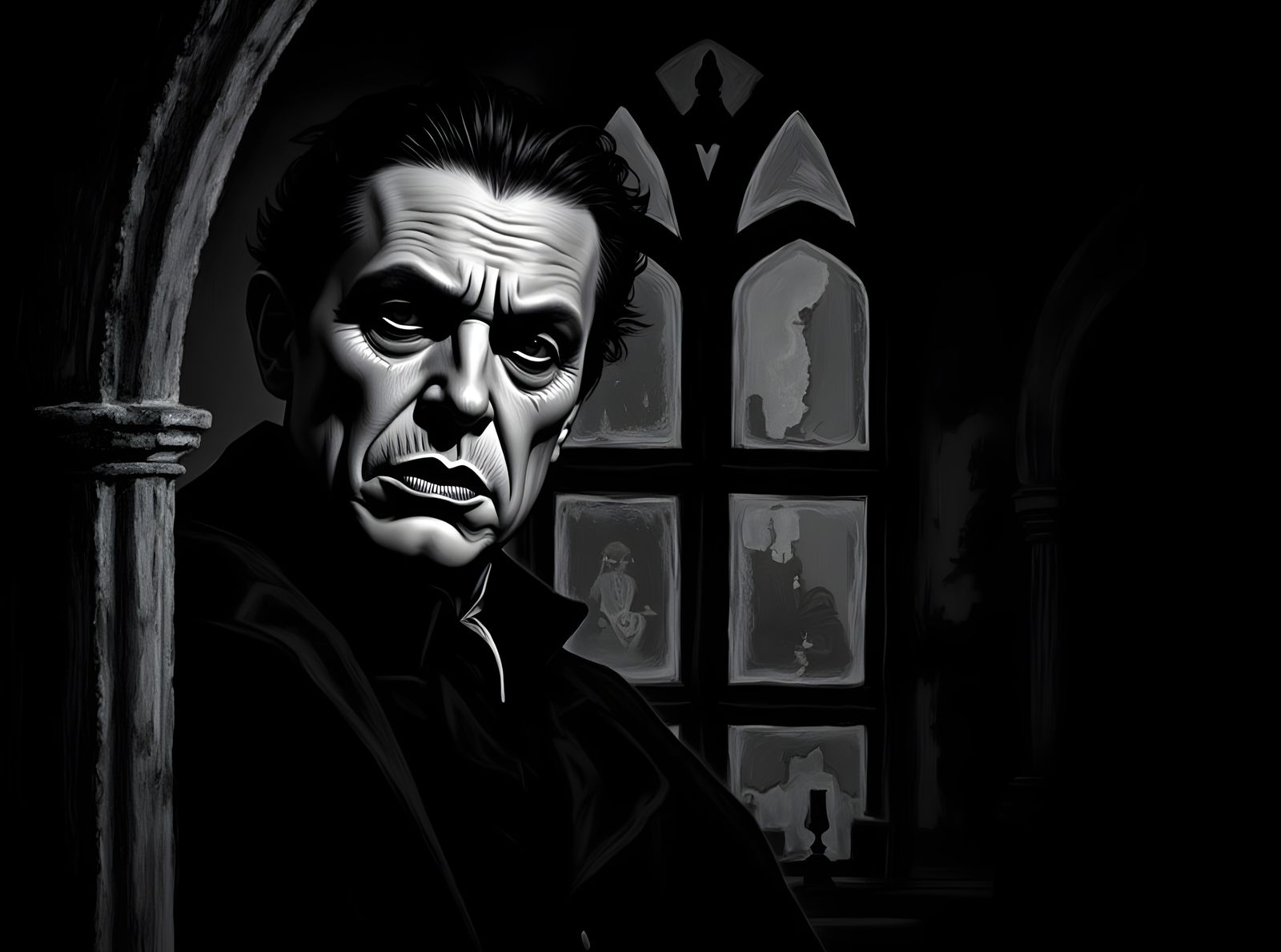 Dracula Gazes From Gothic Castle Window in Charcoal Style