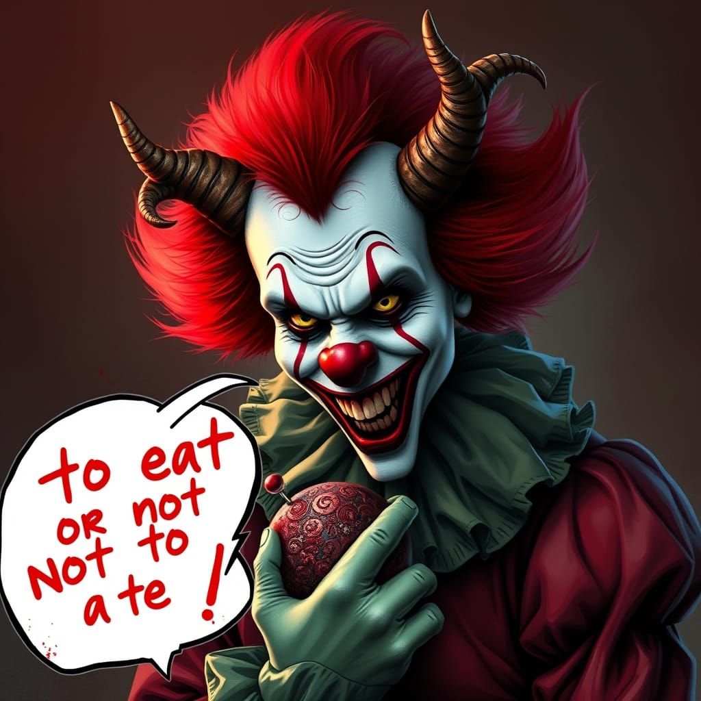 Horror Clown with Bloody Head and Devil Horns
