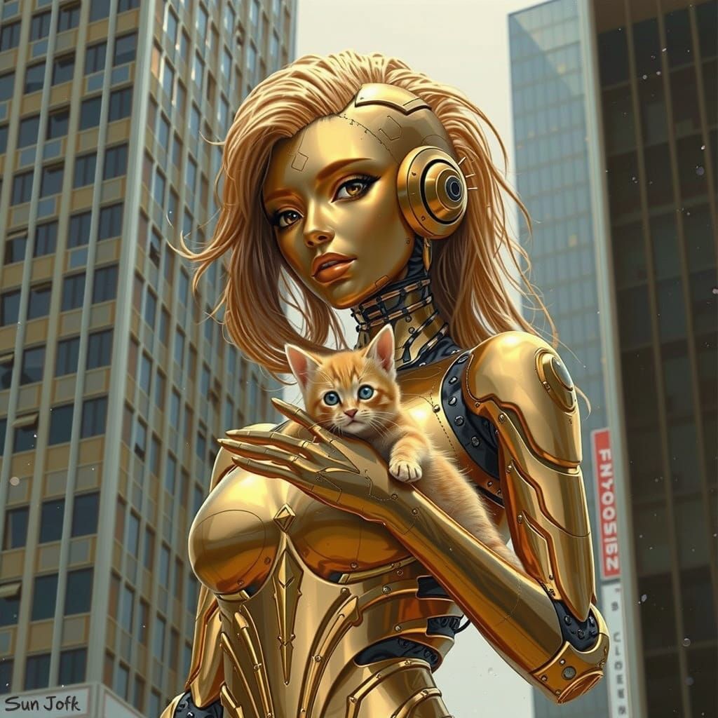 Gold-Plated Android with Kitten in Tokyo, Retro-Futurism